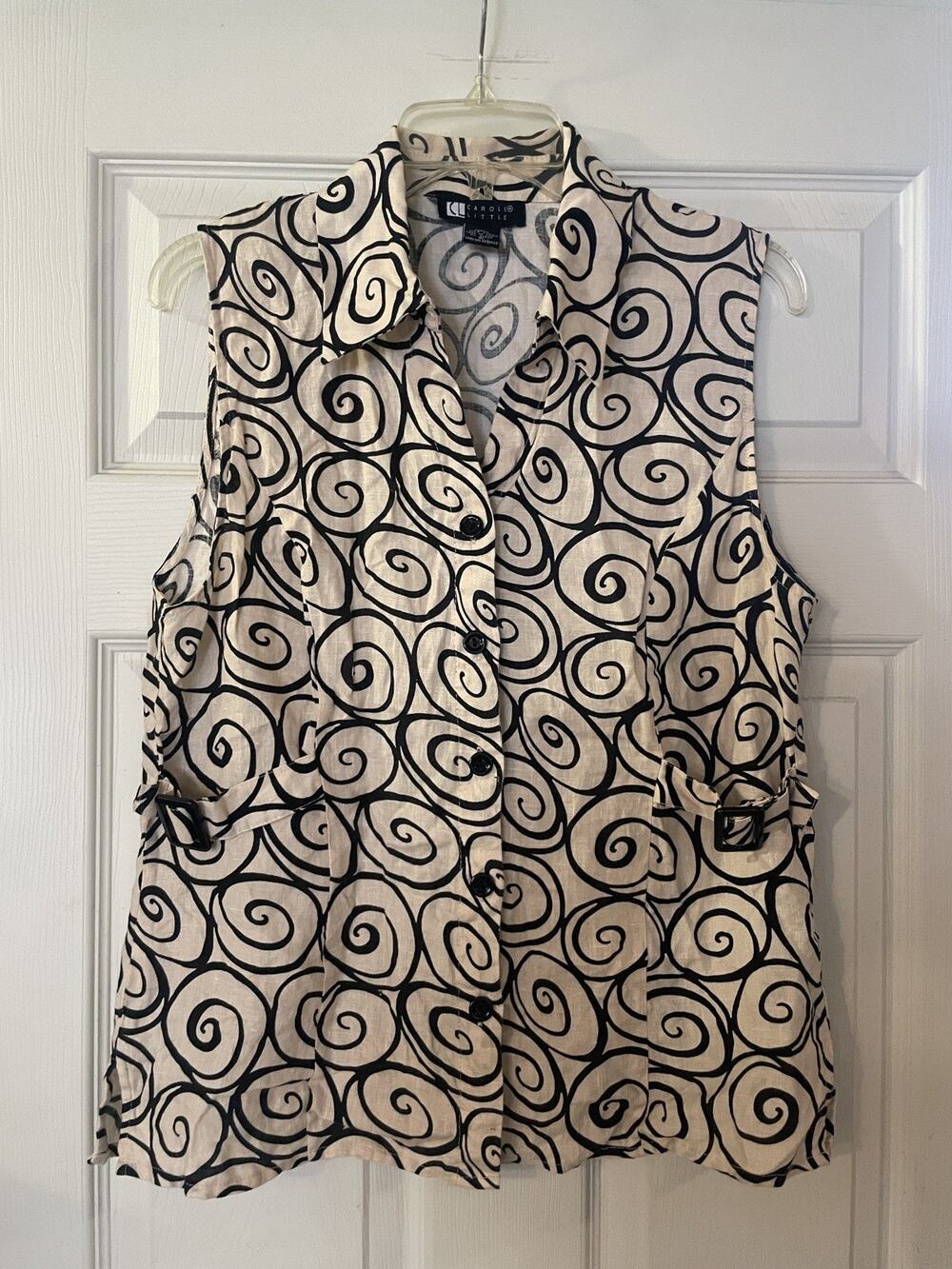 VTG Carole Little Women’s Beige Black Swirls Linen Sleeveless Blouse Sz XL